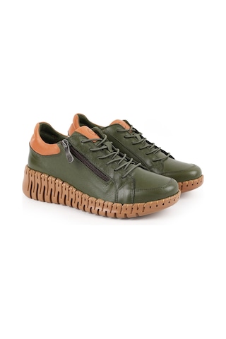 Mamma Mia Kadın Günlük Ayakkabı Hakiki Deri Kalın Dişli Taban Yandan Fermuarlı Bağcıklı Sneaker 26y-7755 Haki-taba