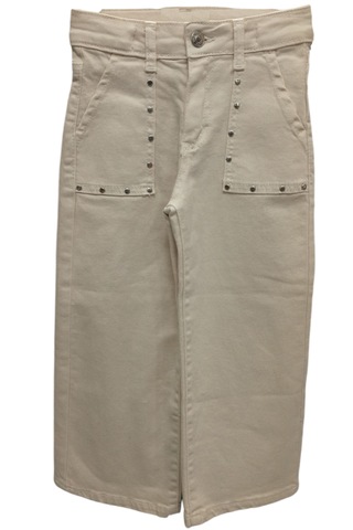 Kız Çocuk Cep Üzeri Zımba Detaylı Geniş Paça Modelli Beli Lastik Ayarlamalı Bej Renk Pantolon Bej