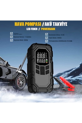 Mioji D8H Plus 4in1 16000mah 2000a Akü Takviye + Hava Pompası + Led Fener + Powerbank