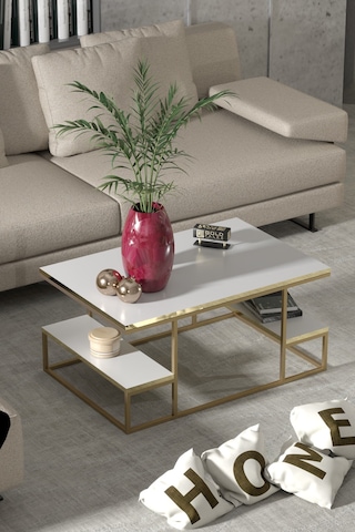 Reyo Falez Deluxe Raflı Orta Sehpa 60x90 Cm Modern Dikdörtgen Orta Sehpa Gold Beyaz Gold - Beyaz