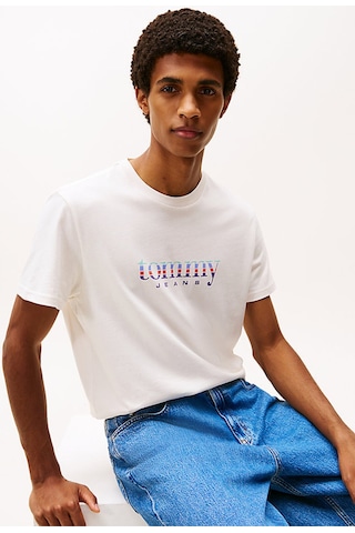 Tommy Hilfiger Erkek Logolu Pamuklu Bisiklet Yakalı Şık Görünüşlü Günlük Kullanıma Uygun Bbeyazz T--12259 Beyaz