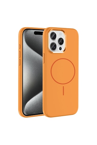Zore Apple iPhone Uyumlu 15 Pro Max Kılıf M-safe Şarj Özellikli Metal Kamera Çerçeveli Omsy Edi Silikon Kapak - Turunc Turuncu
