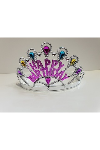 Gümüş Renk Happy Birthday Yazılı Doğum Günü Tacı 60  Cm