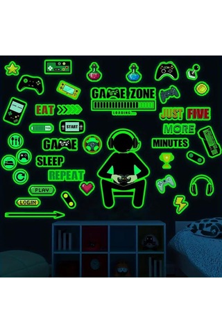 Geekyou Oyun Odası Dekorasyonu Işıklı Oyun Sticker'ları - Kontrolcü, Konsol, Motivasyonel Sözler İle Oyuncu Odası Ve Yatak Odası Duvar Dekoru 30x20 Cm Beyaz