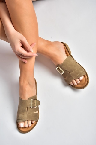 Fox Shoes Y944791002 Vizon Hakiki Deri Süet Kadın Terlik