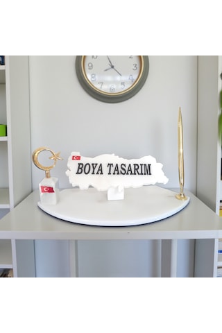 Doğal Beyaz Mermer Masa İsimlik Gold Kalem Ve Ayyıldız