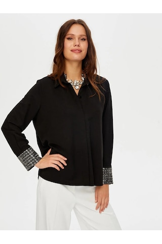 Faik Sönmez Kolları Boncuk Payet İşli Şık Kadın Gömlek W26gml011 Siyah