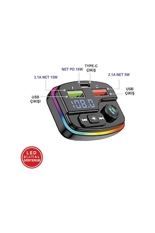 38w Pd Ve Qc Destekli Type-c Çıkışlı Bluetooth Fm Modülatör, Rgb Işıklı Hızlı Araç Şarj Cihazı