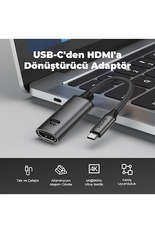 Solke Usb-c To Hdmı Adaptör 0.2 Metre 4k 60hz 18gbps Type-c To Hdmı Çevirici Örgülü Alüminyum