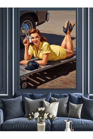 Oto Tamirci Pin Up Kadın Vintage Araba Dekoratif Kanvas - Mdf Ahşap Tablo
