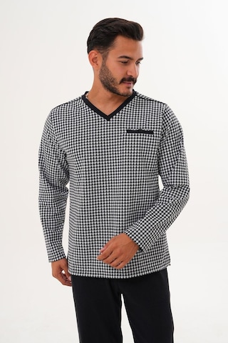 Çift Kaplan Erkek Kazayağı Desen V Yaka Beyaz Pijama Takımı 8036 Beyaz