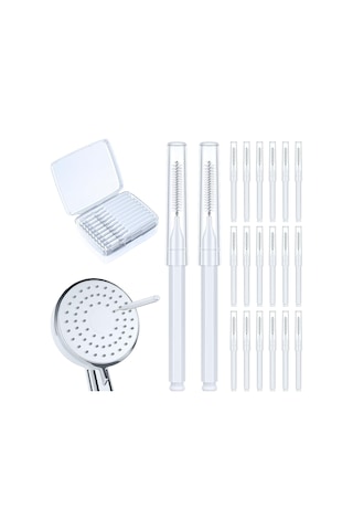 Mufunye Duş Başlığı Temizleme Seti - 20 Adet Testere Aynası Tüp, Dar Delikler İçin Nylon Tüyler, Kaymazsız Hexagonal Kolu, Ev Kullanıma Kutulu Beyaz