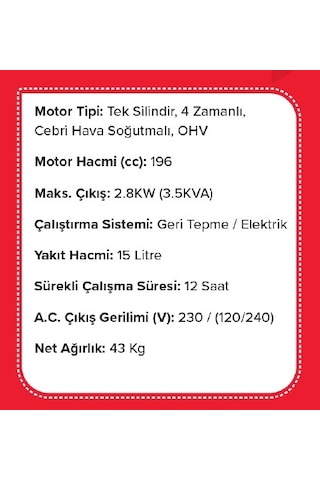 Wonder WBJ2800M 3.5Kw 2.8Kva Monofaze Benzinli Jeneratör