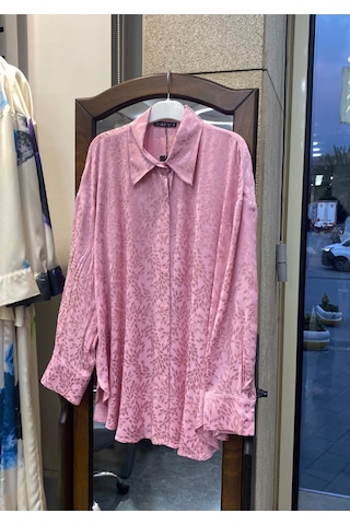 Pera Moda İç Göstermeyen Jakarlı Oversize Uzun Şık Kadın Gömlek Pembe