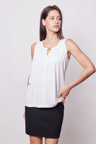 Jument Kadın Kırışmaz Span Karışımlı Geniş Sıfır Yaka Yakası Pileli Aksesuarlı Kolsuz T-shirt Bluz-beyaz Beyaz