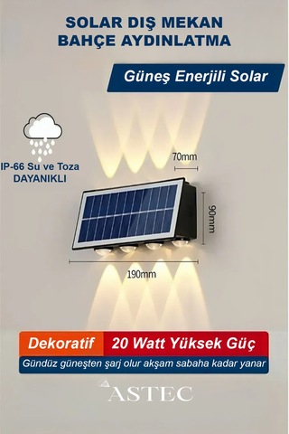 Astec Gün Işığı 20 Watt Solar Bahçe Led Aydınlatma Güneş Enerjili Otomatik Yanar 8 Led Bahçe Aplik