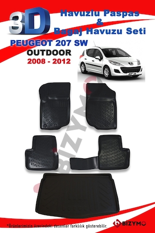 Peugeot 207 Sw Outdoor 2008-2012 Havuzlu Paspas ve Bagaj Seti Biz Siyah