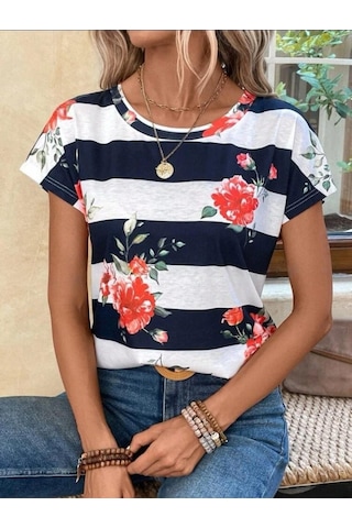 Kadın Çiçek Desenli Yatay Şeritli Bisiklet Yaka Tişört S