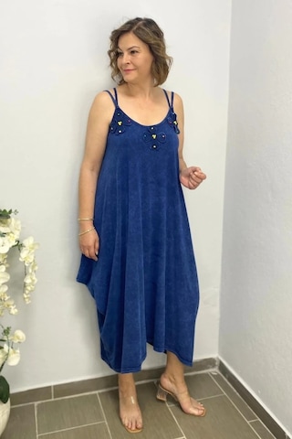 Mia Butik Büyük Beden Lacivert Pamuklu Şalvar Kesim Çiçekli Elbise Lacivert