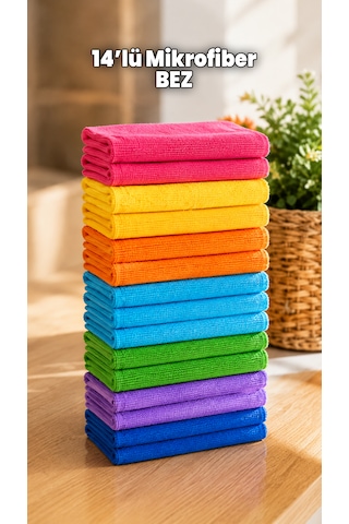 14'lü Mikrofiber Bez Seti - Su Emici İz Bırakmaz Bez Seti - Tezgah, Araba, Toz Çok Amaçlı Temizlik Bezi Çok Renkli