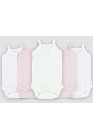 Novibaby 5'li 9-12 Ay Jakarlı İp Askılı Beyaz Ekru Pembe Bebek Atlet Body Zıbın Çıtçıtlı 100% Pamuk Pembe - Beyaz - Krem
