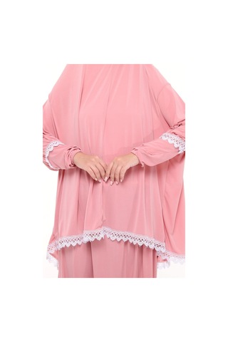 Kadın İki Parça Likra Sandy Kumaş Dantelli Kollu Namaz Elbisesi Pembe Antrasit