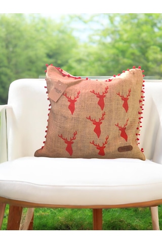 Püsküllü Jüt Kırlent 50 50 Kırmızı Geyik Desen
