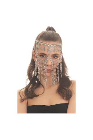 Kadın Antik Gümüş Kaplama Yaprak Charm Detaylı Ayarlanabilir El Yapımı Peçe, Yüz Zinciri Gümüş