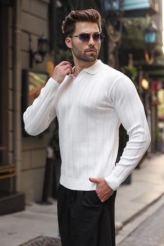 Madmext Beyaz Polo Yaka Desenli Over Fit Erkek Triko Kazak E7517