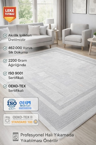 Modern Gri Akrilik Halı 462.000 Vuruş Sık Dokuma Leke Tutmaz Oeko-tex Sertifikalı
