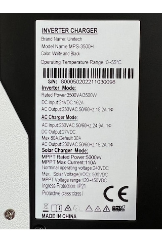 Uretech 3KVA 3KW 3500VA 3500 Watt Tam Sinüs Mppt 110A Akıllı İnverter 24Vdc-220Vac Bataryasız Çalışabilme Özellikli