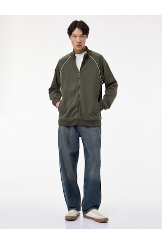 Koton Uzun Kollu Çizgi Detaylı Cepli Pamuklu Dik Yaka Fermuarlı Sweatshirt Haki 6wam70088mk