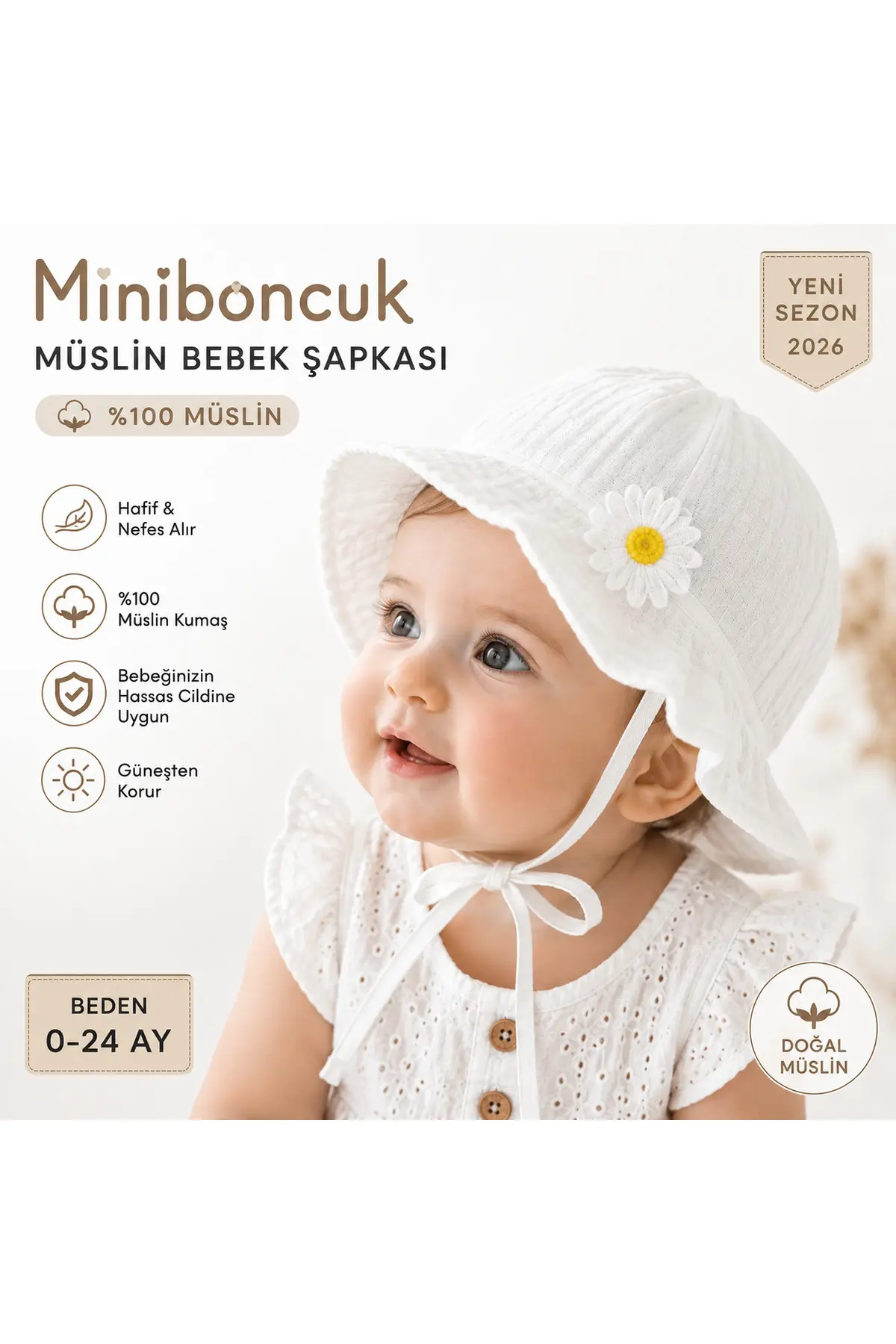 Mini Boncuk Beyaz Müslin Sarı Papatya Detaylı Güneş Şapkası