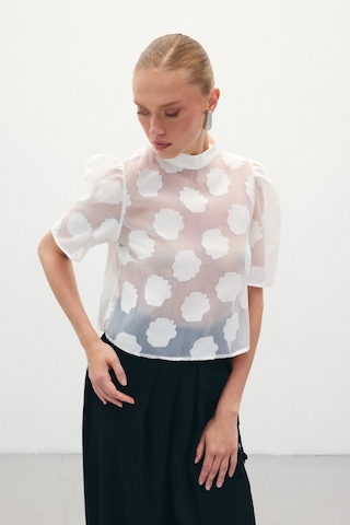 Sateen Organze Kısa Kol Bluz - Ekru-136321 Ekru