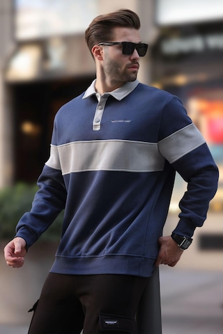 Madmext Lacivert Polo Yaka Renk Bloklu Erkek Sweatshirt 7072 Lacivert