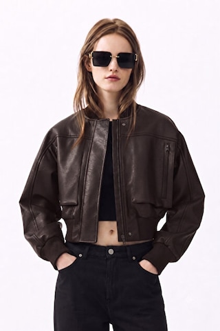 Prifaldi Oversize Bomber Fermuarlı Çift Cepli Ribanalı Acıkahve Deri Ceket Siyah