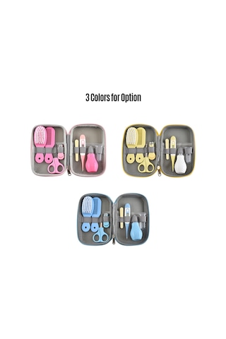 Vkemall Bebek Bakım 8'li Set: Tırnak Kırıcı, Fırça, Tarak, Burun Emici, Parmak Fırçası, Elektronik Termometre + Depolama Kutusu Mavi