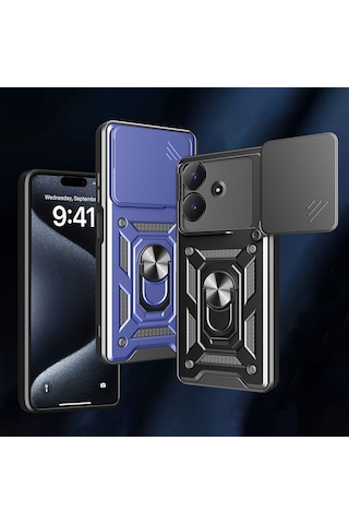Nourthkiingdom Realme Note 60 Kılıf Magnetik Standlı Kamera Korumalı Nrtk Sürgülü Vega Kapak - Mavi Mavi
