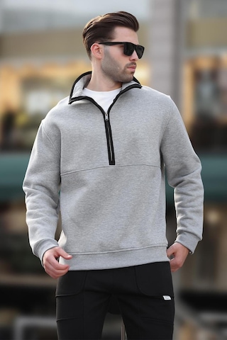Madmext Gri Dik Yaka Yarım Fermuarlı Sweatshirt 7079 Gri