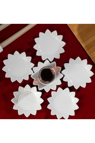 Porsima 2338 Güneş Motifli 6'lı Porselen Çay Tabağı Seti Beyaz