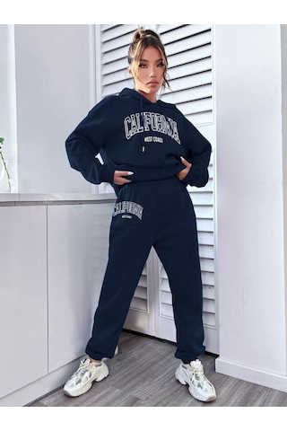 West Coast Eşofman Takım Sweatshirt Jogger - Lacivert Baskılı Oversize Şardonlu Kapüşonlu Lacivert