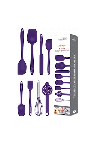 Valletta Drongo Isıya Dayanıklı Yanmaz Yapışmaz Silikon Spatula Seti 8 Parça Mor