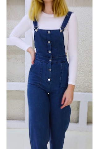 Önden Düğmeli Enzim Kumaş Salopet & Tulum Lacivert