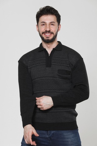 Kzc Tekstil Erkek Baba Orta Yaş Ve Üzeri Triko Örgü Akrilik Kışlık Regular Fit Cepli Fermuarlı Polo Yaka Kazak Antrasit