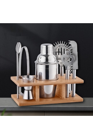 9 Parça 350 Ml Paslanmaz Çelik Mini Kokteyl Shaker Seti, Bambu Standlı Bar Aksesuarı