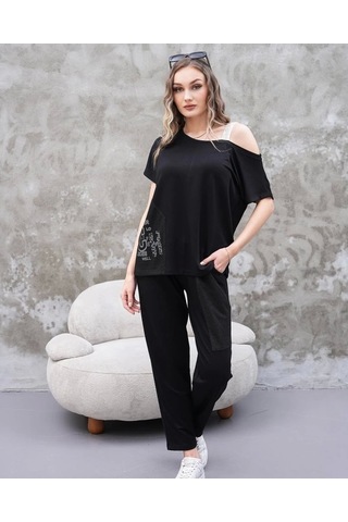 Defymoda Kadın Kayık Yaka Baskı Detay Salaş Bluz Ve Yüksek Bel Pantolon Ikili Takım Siyah