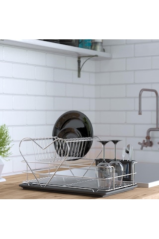 Teknotel İki Katlı Kalpli Tabaklık Bulaşıklık Krom+Siyah Kb011 Siyah