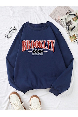 Brooklyn 1982 Sweatshirt - Lacivert Baskılı Oversize Bisiklet Yaka Lacivert