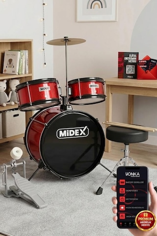 Midex Cd 300 X-Rd Akustik Çocuk Baterisi Davulu Seti & 5 -14 Yaş İçin Full Set Kırmızı