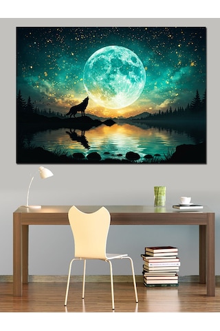 Dolunay Manzarasında Uluyan Kurt Dekoratif Kanvas - Mdf Ahşap Tablo